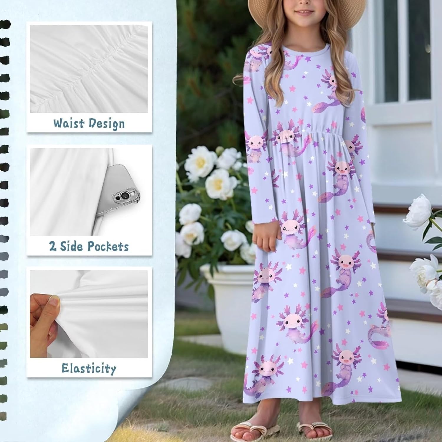 Dress for Girls 5T-14T Long Sleeve Pockets Dresses Fall Maxi Sundresses Back to School Party Dress