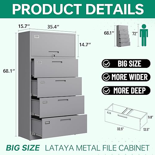 Miniatura 3 de Letaya Archivadores para oficina en casa, archivadores laterales de metal de 4 cajones con cerradura, archivos colgantes tamaño cartalegalF4A4 (gris)