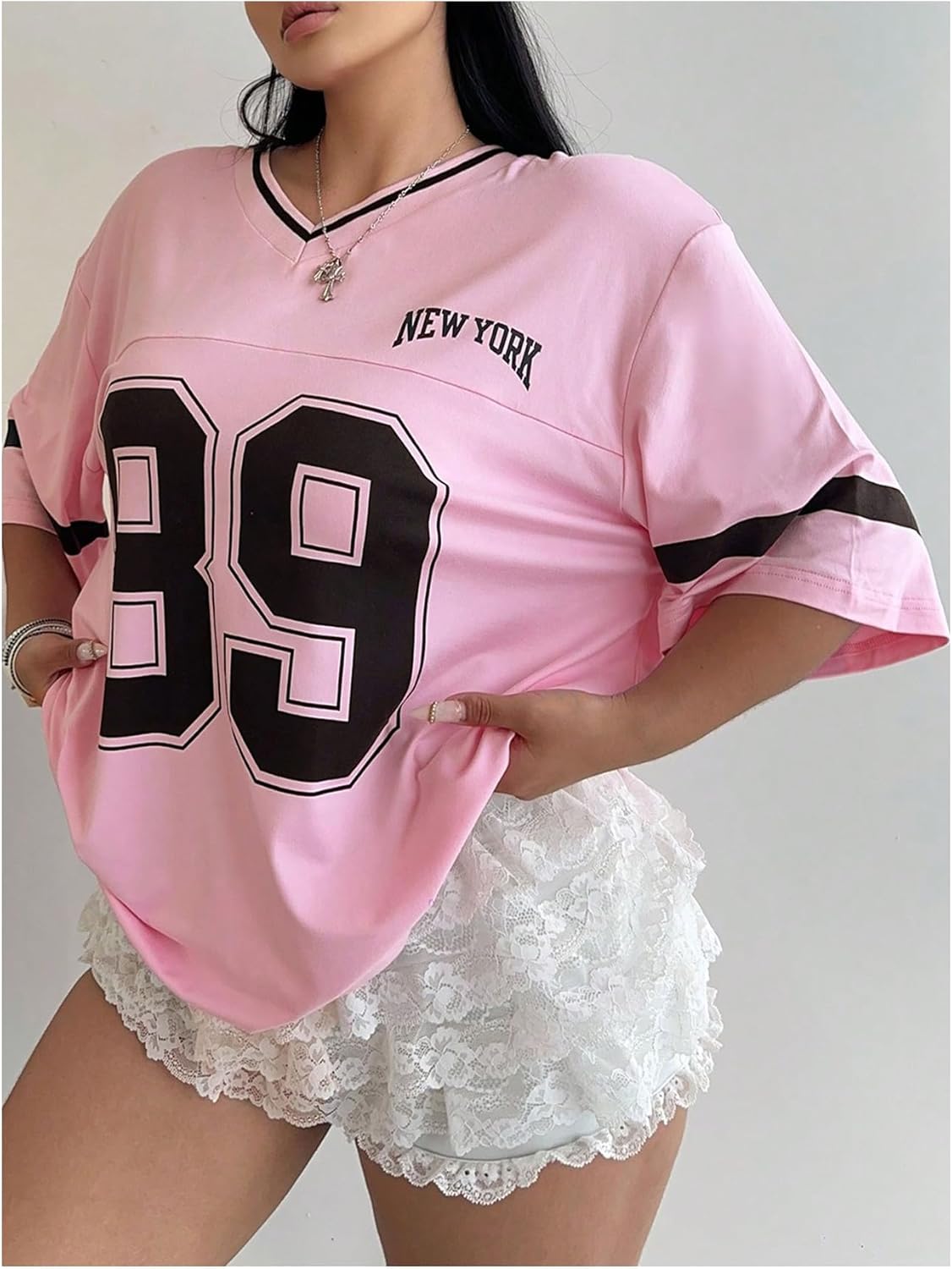 Verdusa Women's Plus Size Oversized Jersey Shirt Graphic Tees V Neck Short Sleeve Color Block Tops - Image 3