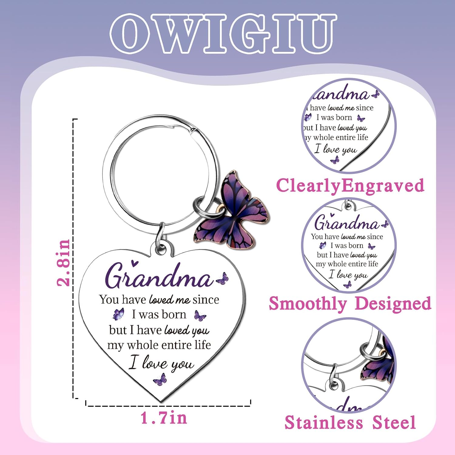 Grandma Gifts for Women Grandma Valentine Gifts From Grandkids Mothers Day Gift for Grandmas Keychain for Gigi Nana Grandmother Birthday Gift for Grandmother Purple Butterfly Accessories - Image 6