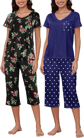 YIJIU 2 Pack Womens Pajamas Set Short Sleeve With Pocket Sleepwear Tops and Capri Pants Pjs Soft Print Loungewear Nightwear