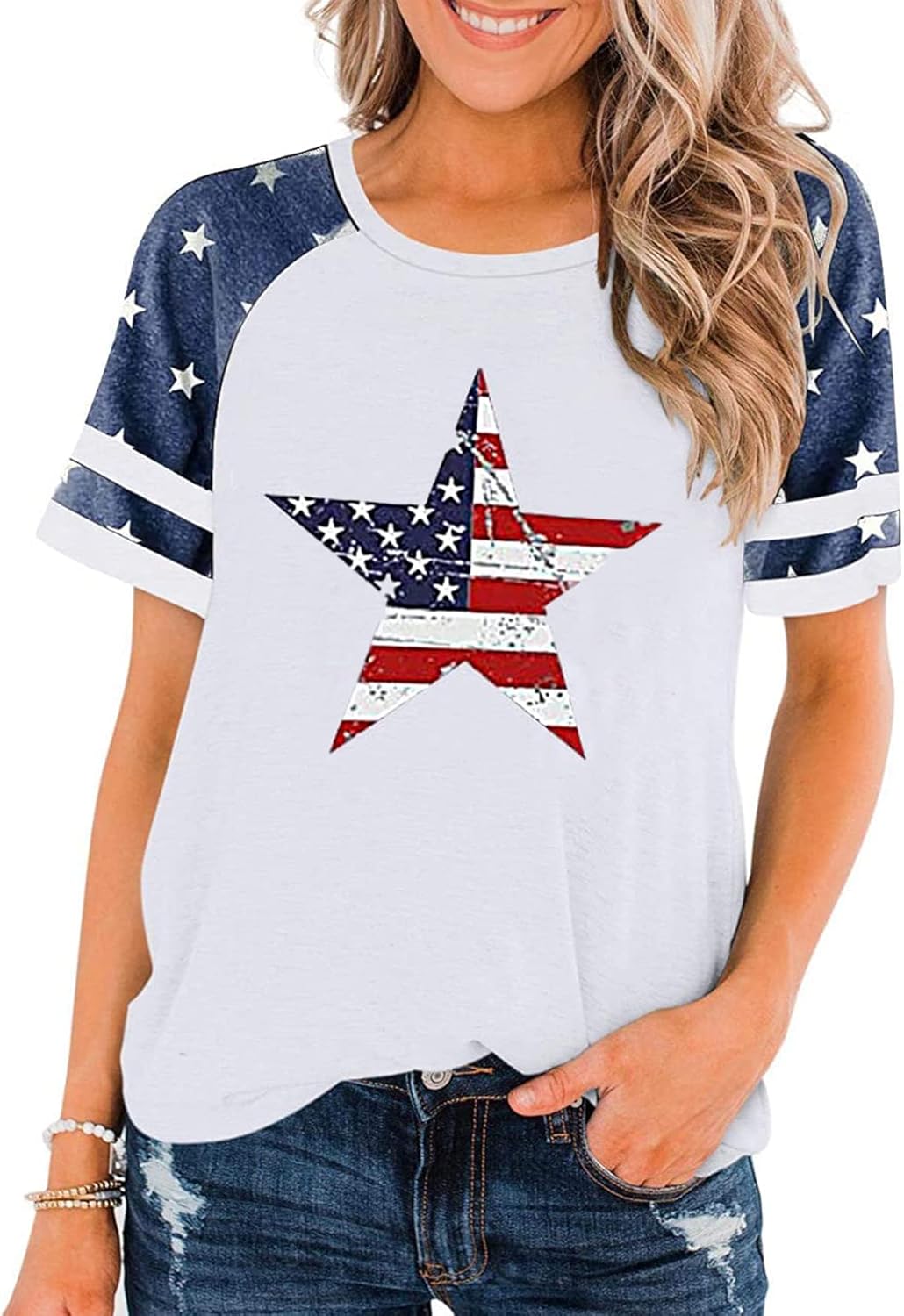 4th of July Shirt Women USA American Flag T Shirt Casual Short Sleeve Graphic Patriotic Tee Tops-Star XL
