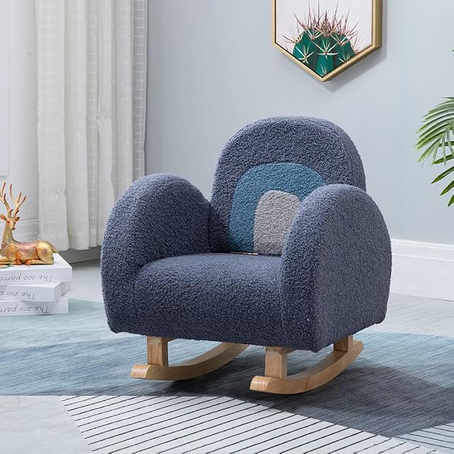 Kids Rocking Chair, Wooden Rocker Chair with Fluffy Cover for Boys Girls, Toddler Armchair with Foldable Backrest Children Sofa for Bedroom Living Room, Children's Furniture Gift for Ages 2-6, Blue