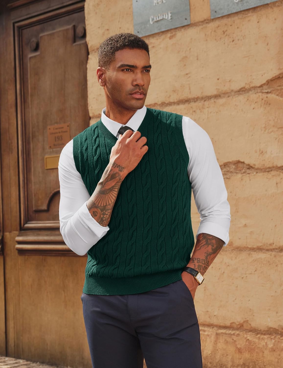 PJ PAUL JONES Men's Sweater Vests V Neck Cable Twist Knit Sleeveless Vests Casual Pullover Sweater - Image 2