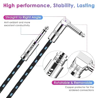 6FT Instrument Cable 2 Pack - Electric Guitar & Bass Cable with Right Angle 1/4 Inch Connector - Black & Blue