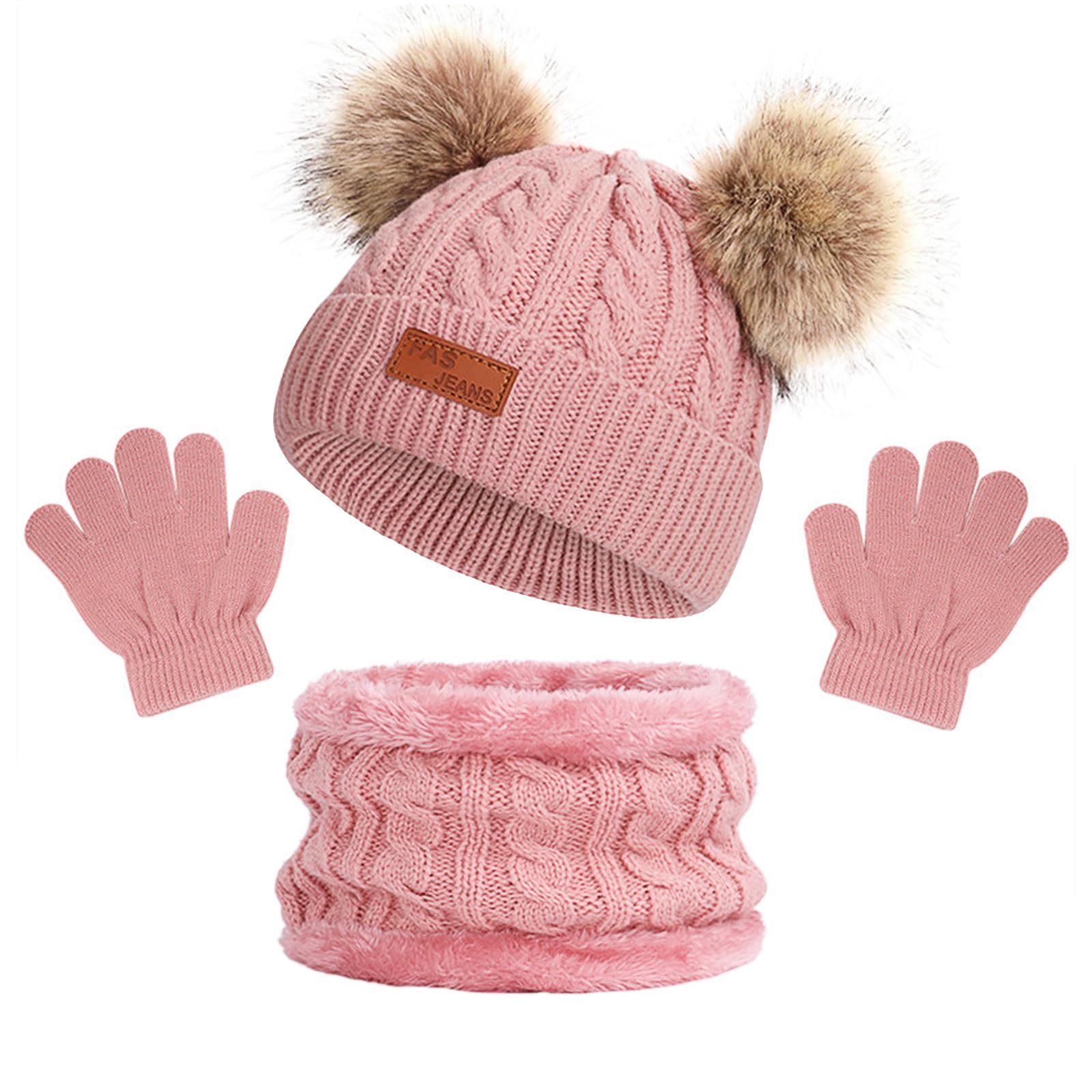 Grantop Dziecięca czapka zimowa, rękawiczki, szalik, zestaw z okrągłym szalikiem, zestaw czapek, szalik, podwójny pompon, ciepła czapka zimowa, czapka z dzianiny, zestaw dla dzieci w wieku 1-5 lat