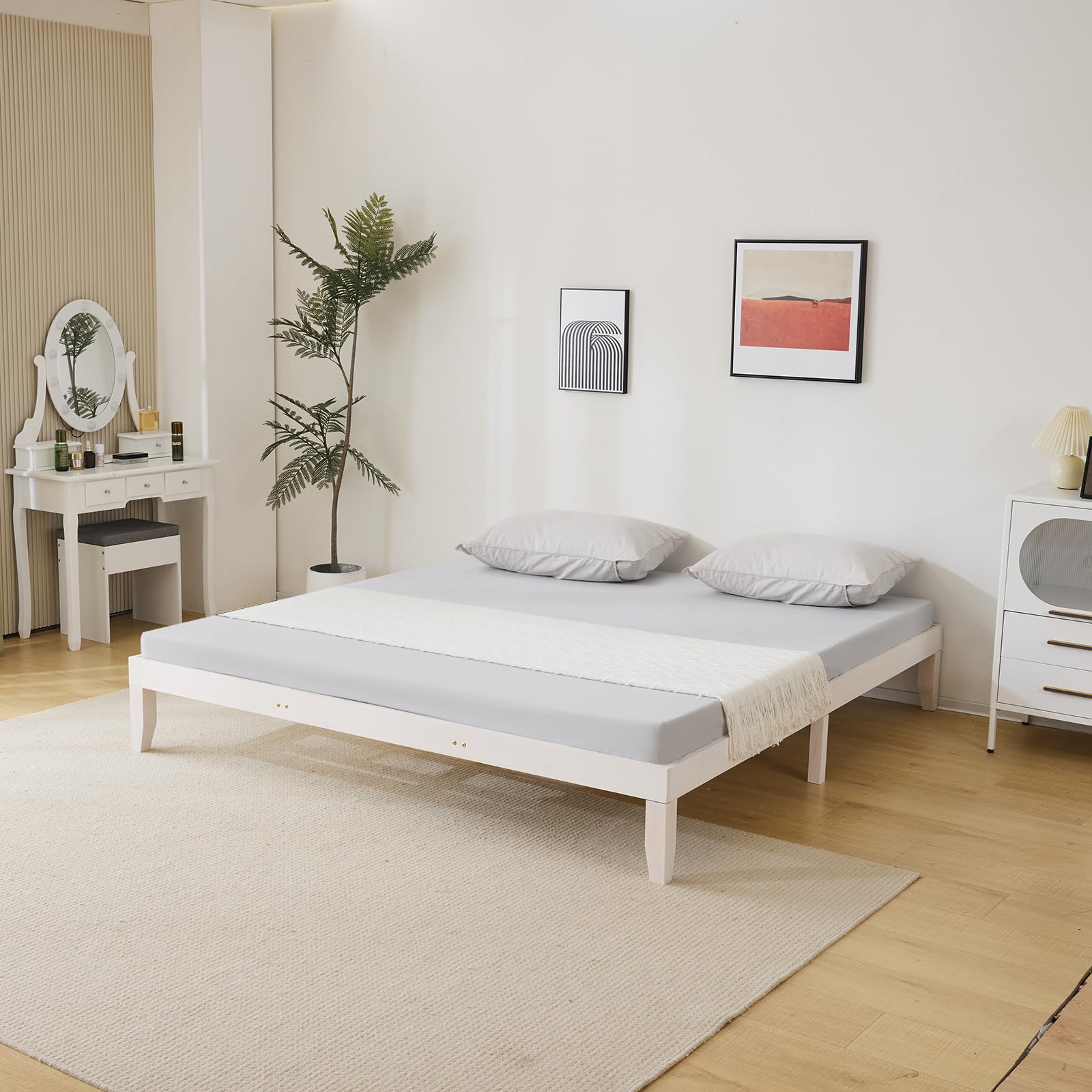 YUNWANG Solid Wood Platform Bed with Wooden Slats King Size Bed Frame No Box Spring Needed Easy Assembly
