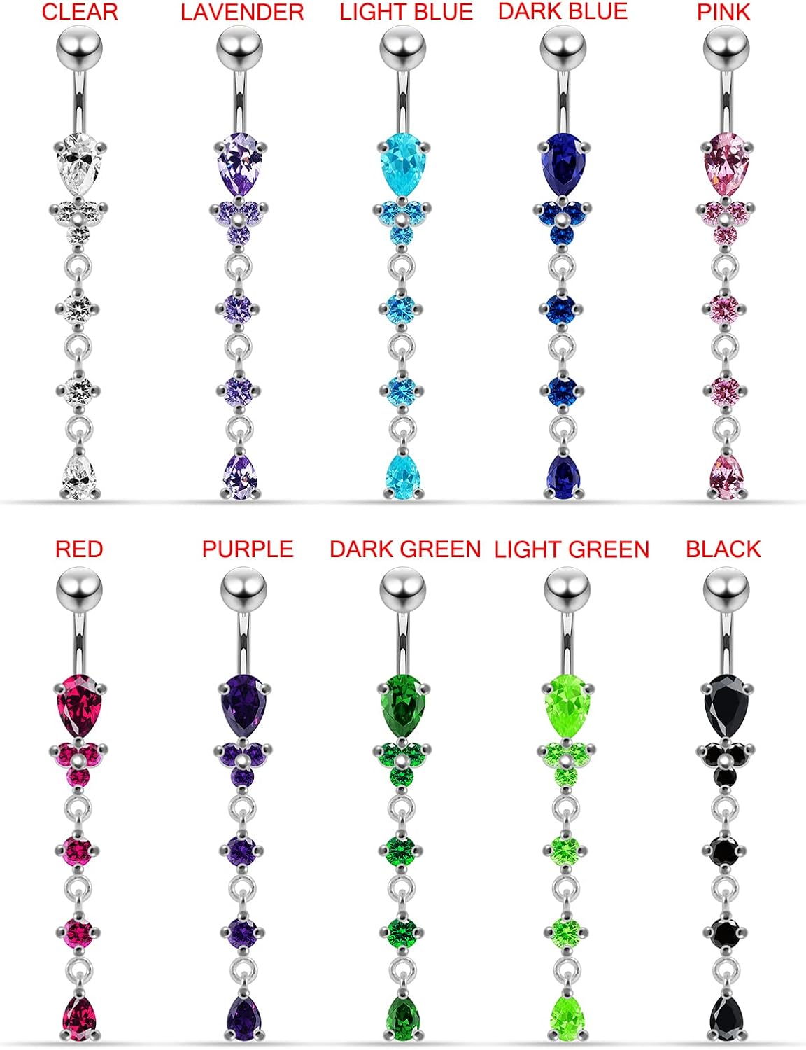 Long Pear and Round with Teardrop Gems Dangling Design 925 Sterling Silver with Stainless Steel Belly Ring - Belly Button jewelry - Navel jewelry