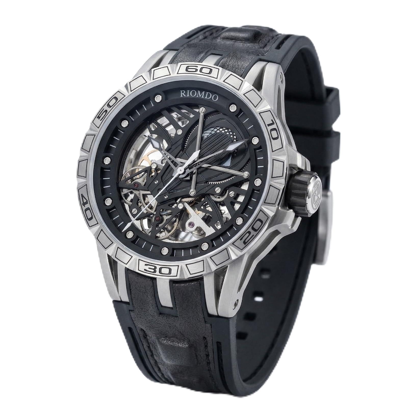 OBLVLO Orologio meccanico da uomo, con quadrante grande, analogico, impermeabile, cinturino in gomma, stile militare, RD-903