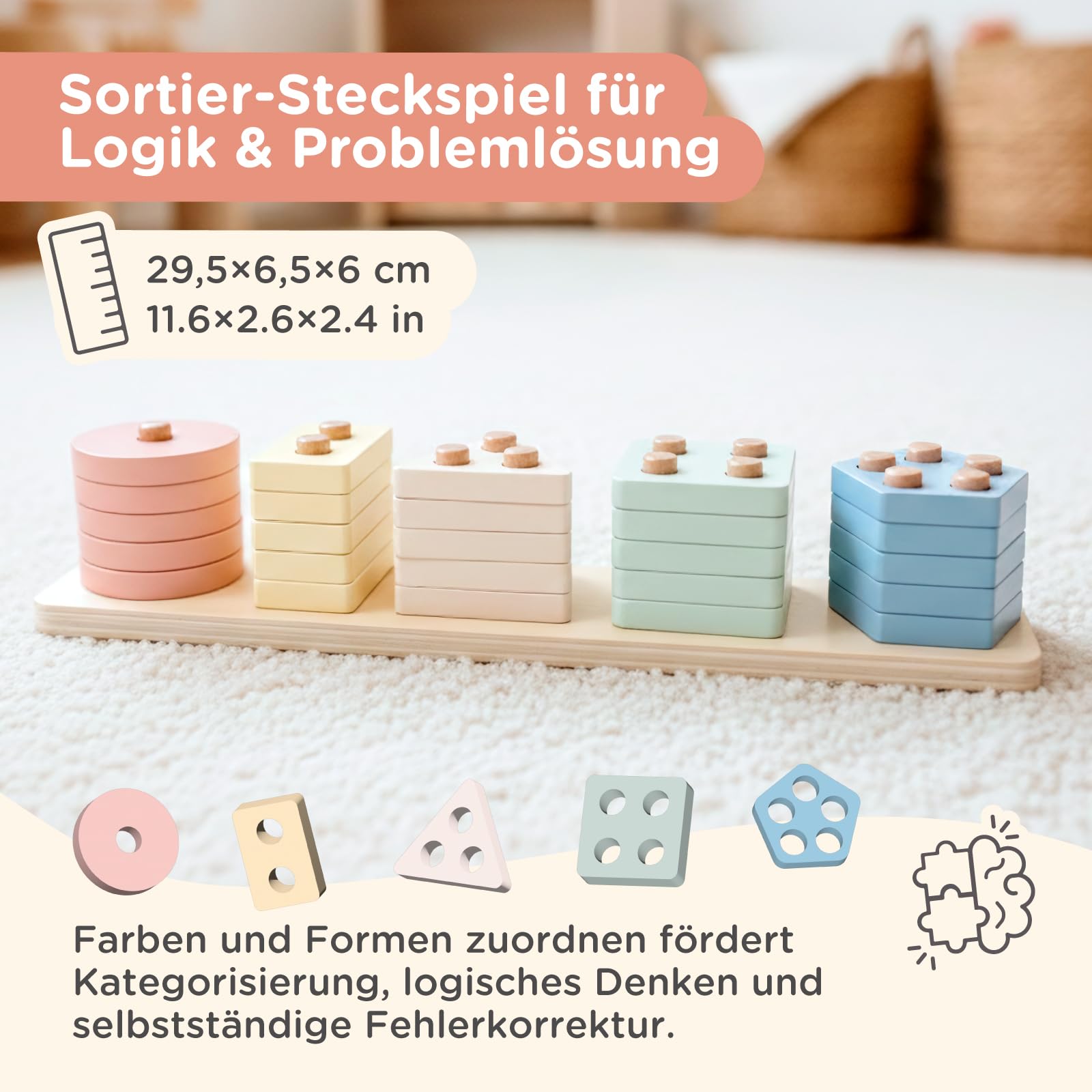 Nene Toys Montessori Holzspielzeug ab 1 Jahr – FSC 3-in-1 Regenbogen, Stapelturm & Sortier-Steckspiel – Motorikspielzeug Kleinkinder 1–3 Jahre – Lernspielzeug Geschenk Jungen Mädchen – Pastellfarben