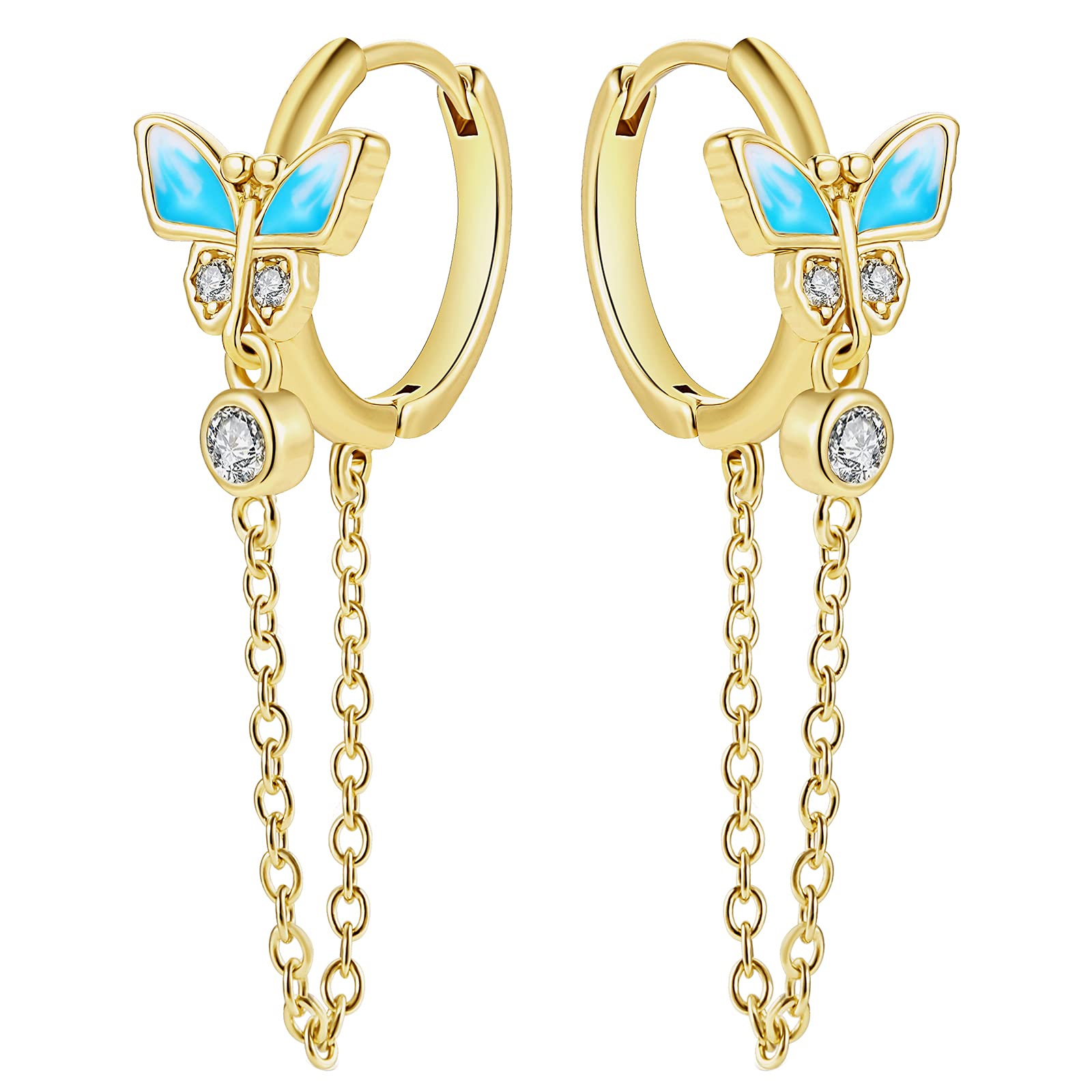 JIANGYUE18K Gold Butterfly Earrings for Women,with Small Cubic Zirconia Drop Earrings, Tassel Earrings Chain Drop Gold Hoop Earrings for Women (Blue)