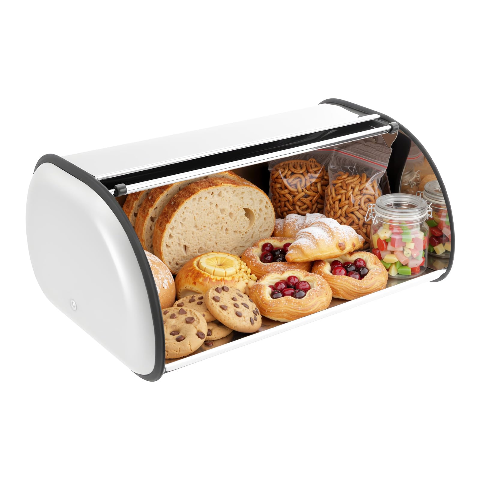 Panera de acero inoxidable, 43,5 x 27 x 18 cm, con tapa enrollable, para pasteles, bollos, pasteles, tortitas, color plateado
