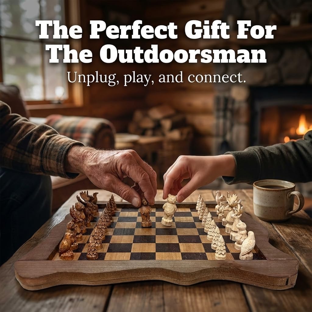 The Bridge Collection Forest Crowd Chessboard - Wooden Chess Board Set - Nice Chess Set for Adults - Exotic Chess Set for Mountain Lodge Cabin Decor