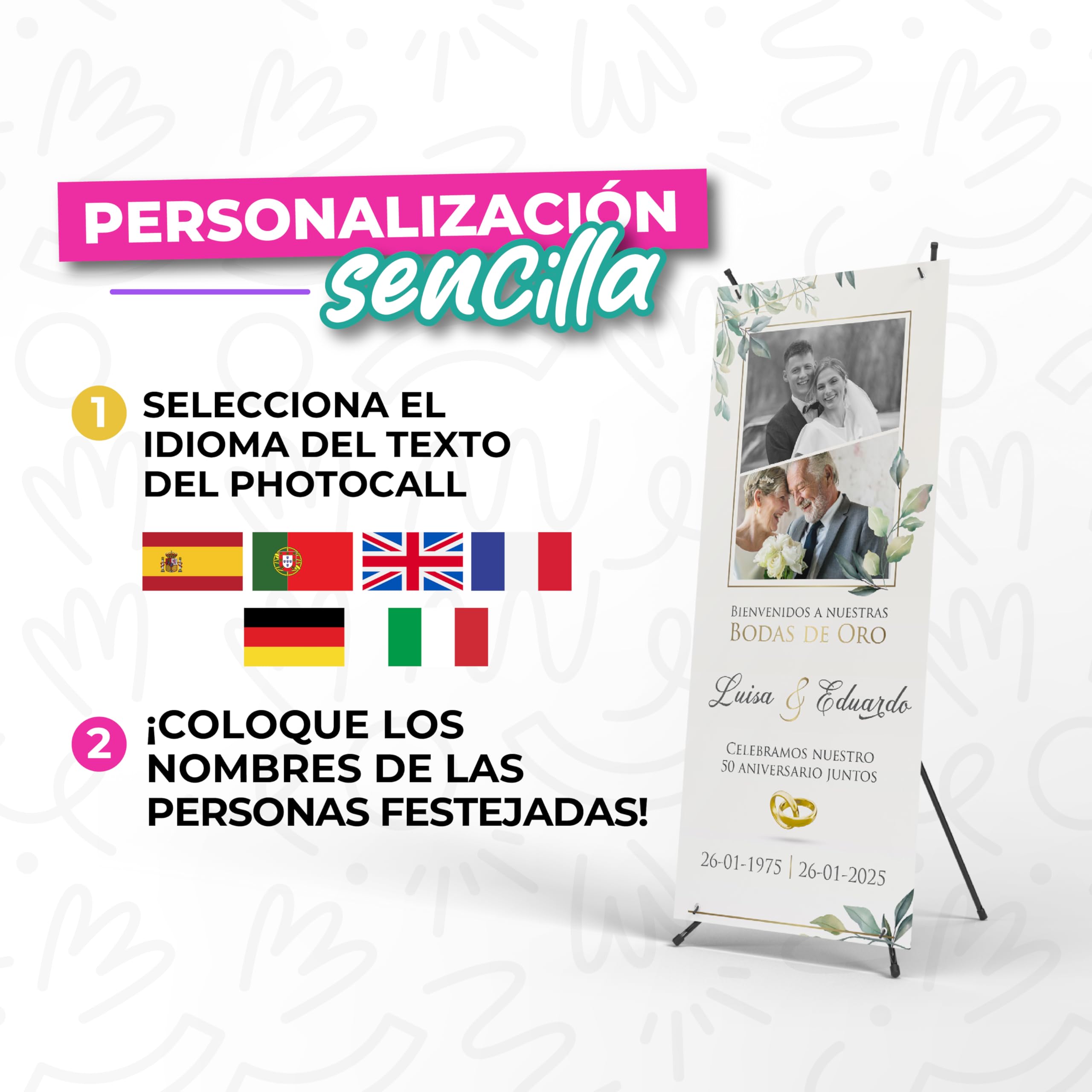 Photocall Bodas de Oro Personalizable con Fotos y Texto - Cartel Personalizado con Estructura Xbanner - Ideal para Decoracion del 50 Aniversario de Bodas de Oro o Regalo Aniversario (Modelo 1)