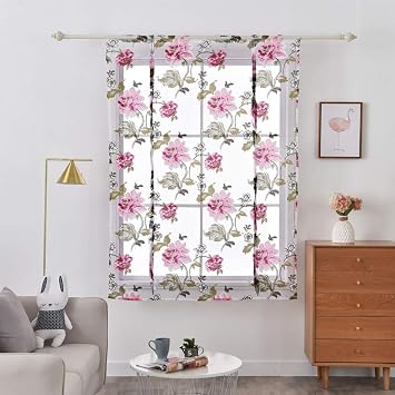 French Country Peony Flower Leaf Kitchen Window Shades Curtain Tie Up Adjustable Balloon Windows Treatmet Roman Tiebacks Drape for Cafe, 23" W x 47" L, Pink