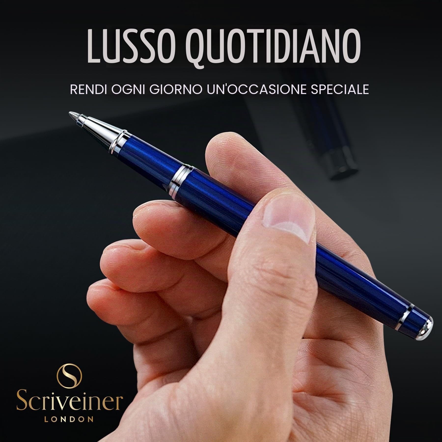 Scriveiner Midnight Blue Rollerball Pen, Laccata Blu Notte, Decori Cromati, Refill