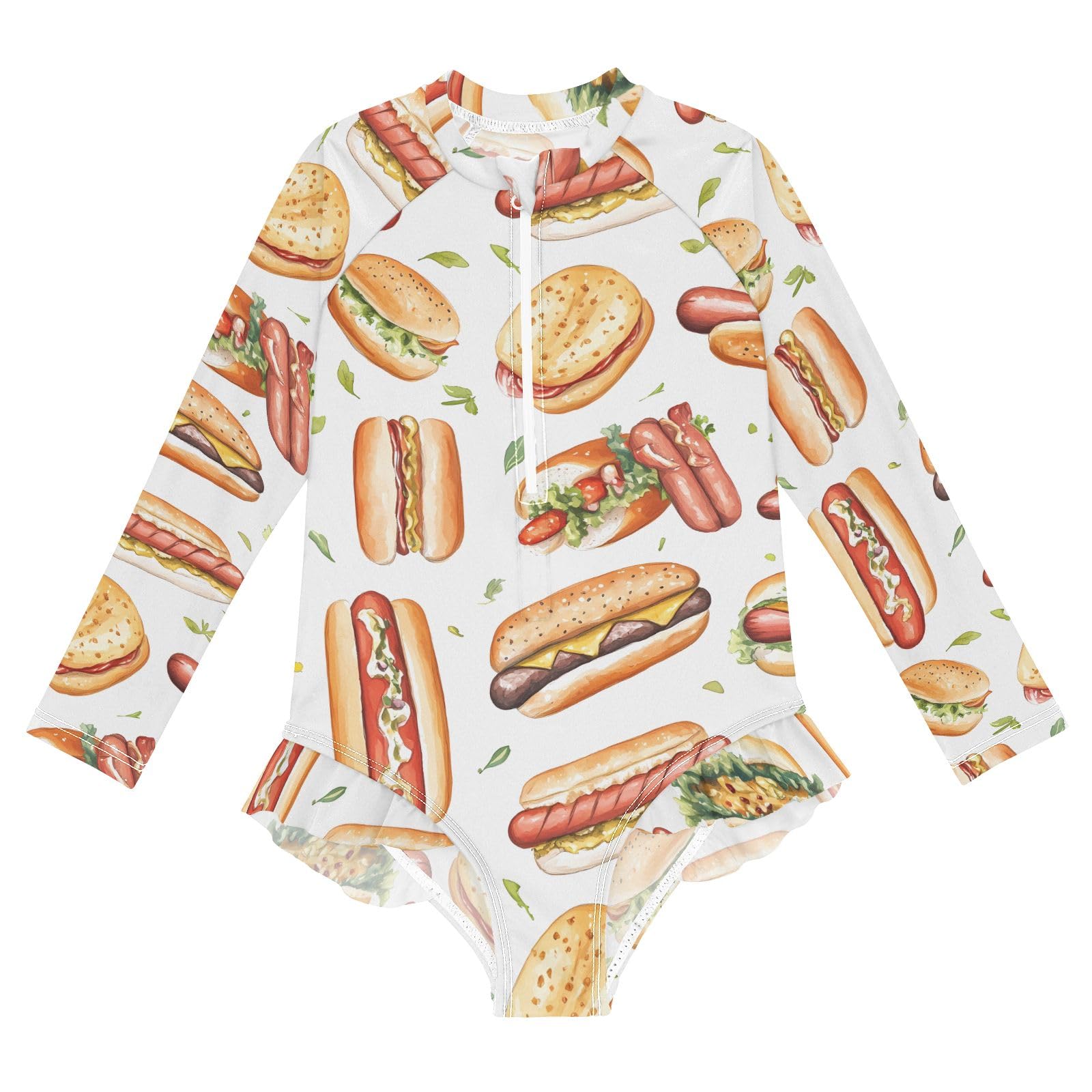 ALAZA Bathing Suits for Girls Toddler Girl Swimsuit Hot Dog Leaf Food Long Sleeve UPF 50+ 5-6T