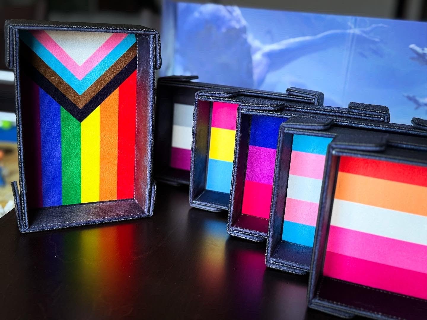 Pride Dice Tray of Folding Magnetic - Transgender Edition | Vegan Dice Tray with Magnetic Corners, Black Leatherette Exterior & Soft Felt Progress Pride Flag Interior for DND & RPG Games