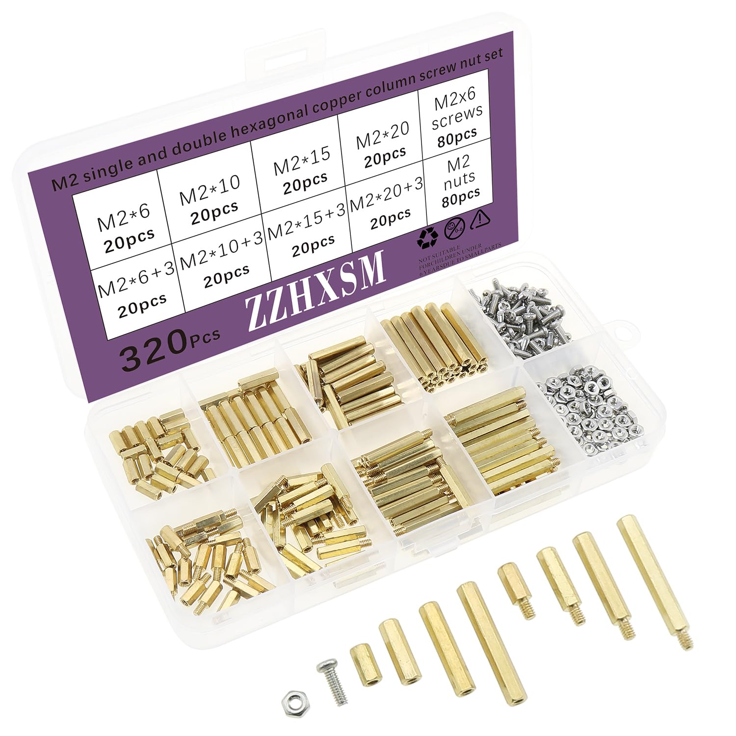 320PCS M2 Single and Double Pass Hexagonal Copper Post Screw and Nut PCB Motherboard Kit for Computer Motherboard Robot Drones