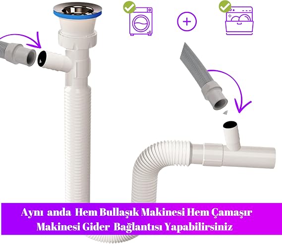 Double Entry Bellows Sink Siphon, Washing Machine Connected, Flexible Body, Adjustable