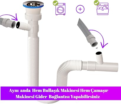 Double Entry Bellows Sink Siphon, Washing Machine Connected, Flexible Body, Adjustable