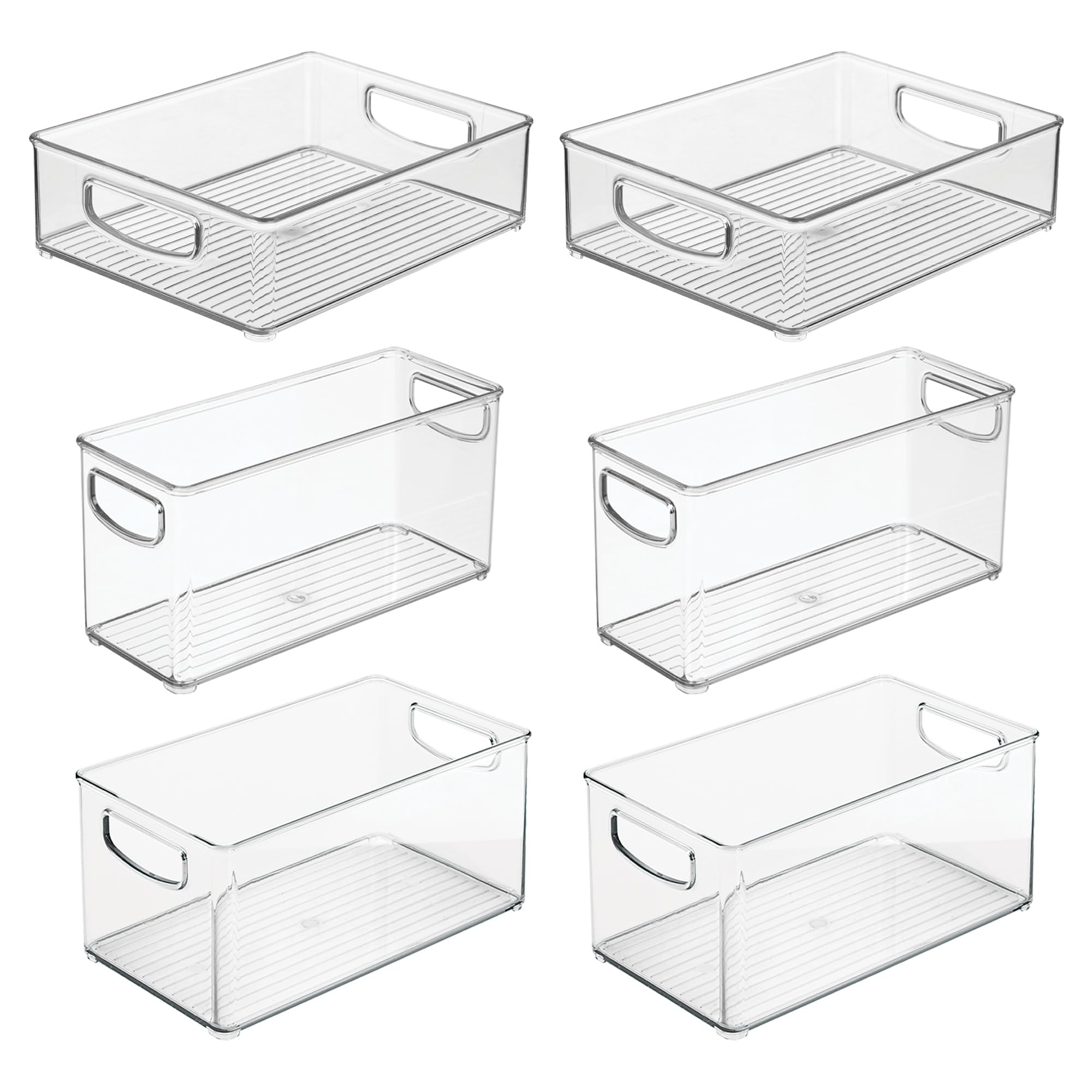 iDesign 6er Set kleine stapelbare Aufbewahrungsbehälter aus recyceltem Kunststoff mit integrierten Griffen für die Küche, den Kühlschrank, Gefrierschrank - Verschiedene Größen, klar