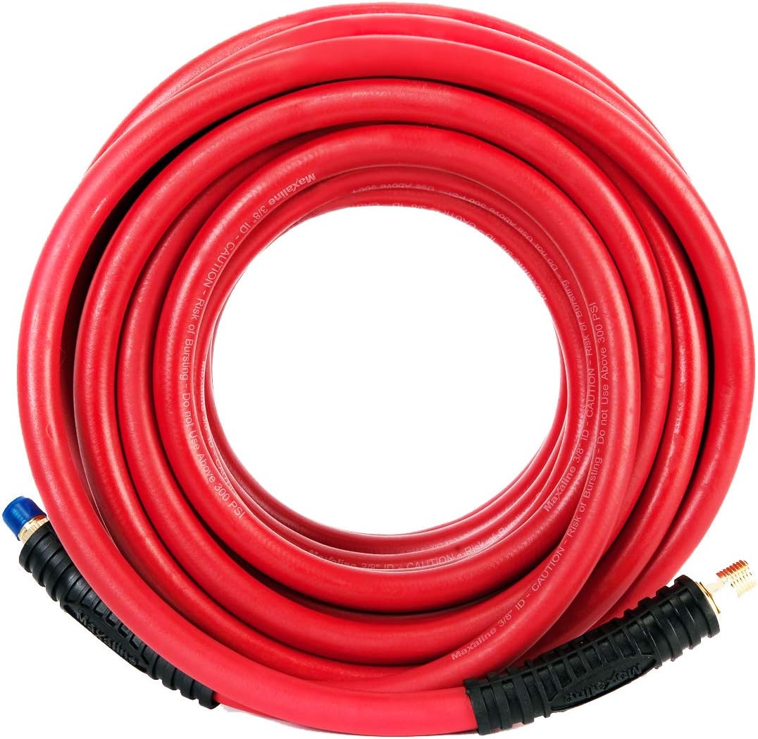 Maxaline 3/8 inch x 50 ft Rubber Air Hose Red 300 PSI with 1/4 in. MNPT Brass Ends
