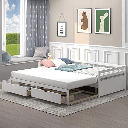 Giantex Wood Daybed with Trundle, Twin to King Extendable Daybed with 2 Storage Drawers, Dual-use Modern Day Bed for Teens, Adults, Bedroom, Guest Room, No Box Spring Required, White