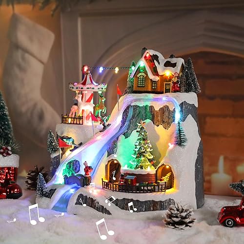 Miniatura 30 de Casa de pueblo de Navidad, edificios coleccionables musicales de Navidad, rotación de tren de hoguera con luces LED, aldea de vacaciones con USB