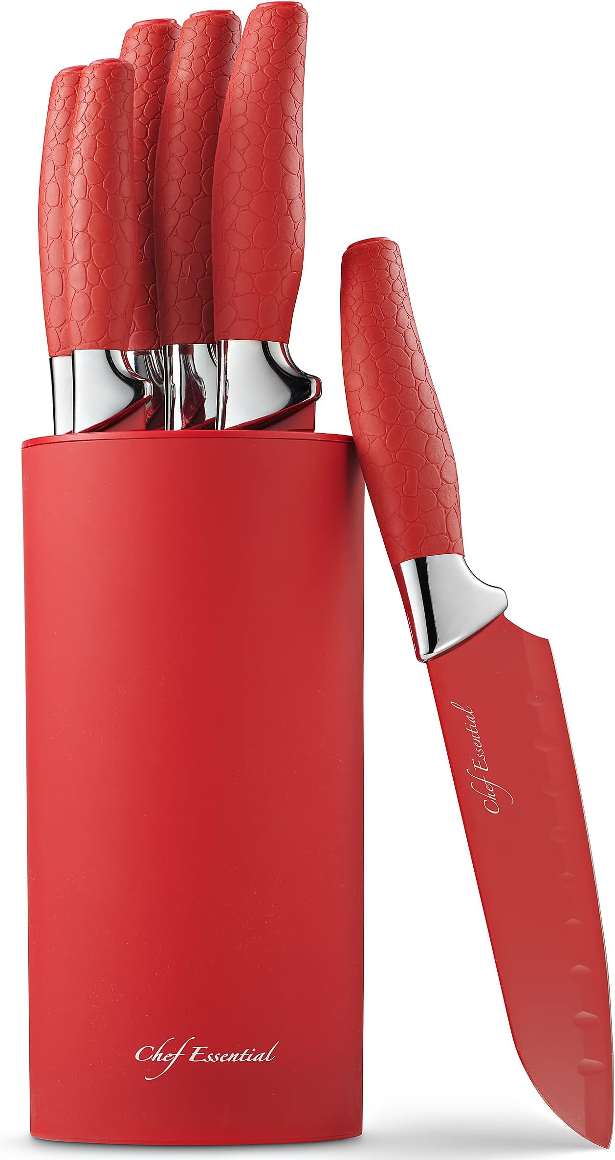 Carbon Knife Set with Block – 6-Piece Never-Dull Kitchen Knife Set – Meat, Veggie, Bread Knife Set – Nonstick Chef Knife Cooking Knives for Kitchen – Precise-Slice Carbon Steel by Chef Essential