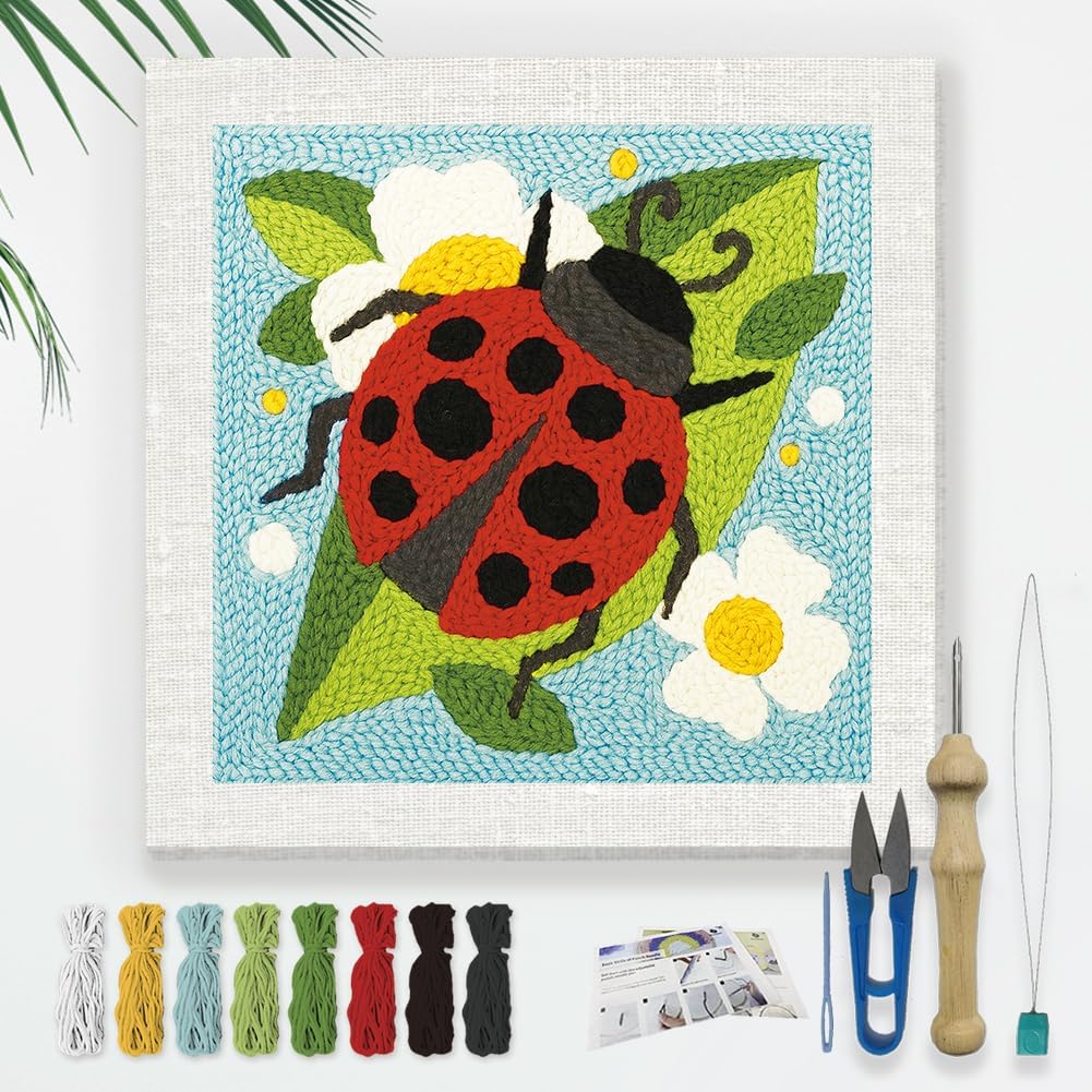 DOODLREAM Ladybug DIY Punch Needle Embroidery Kit for Adult Beginner, 9.4" Ladybug Flowers Leaf Punch Stitching Craft Set for Starter with Frame,Fabric Pattern,Threader, Yarn, Pinch Needle