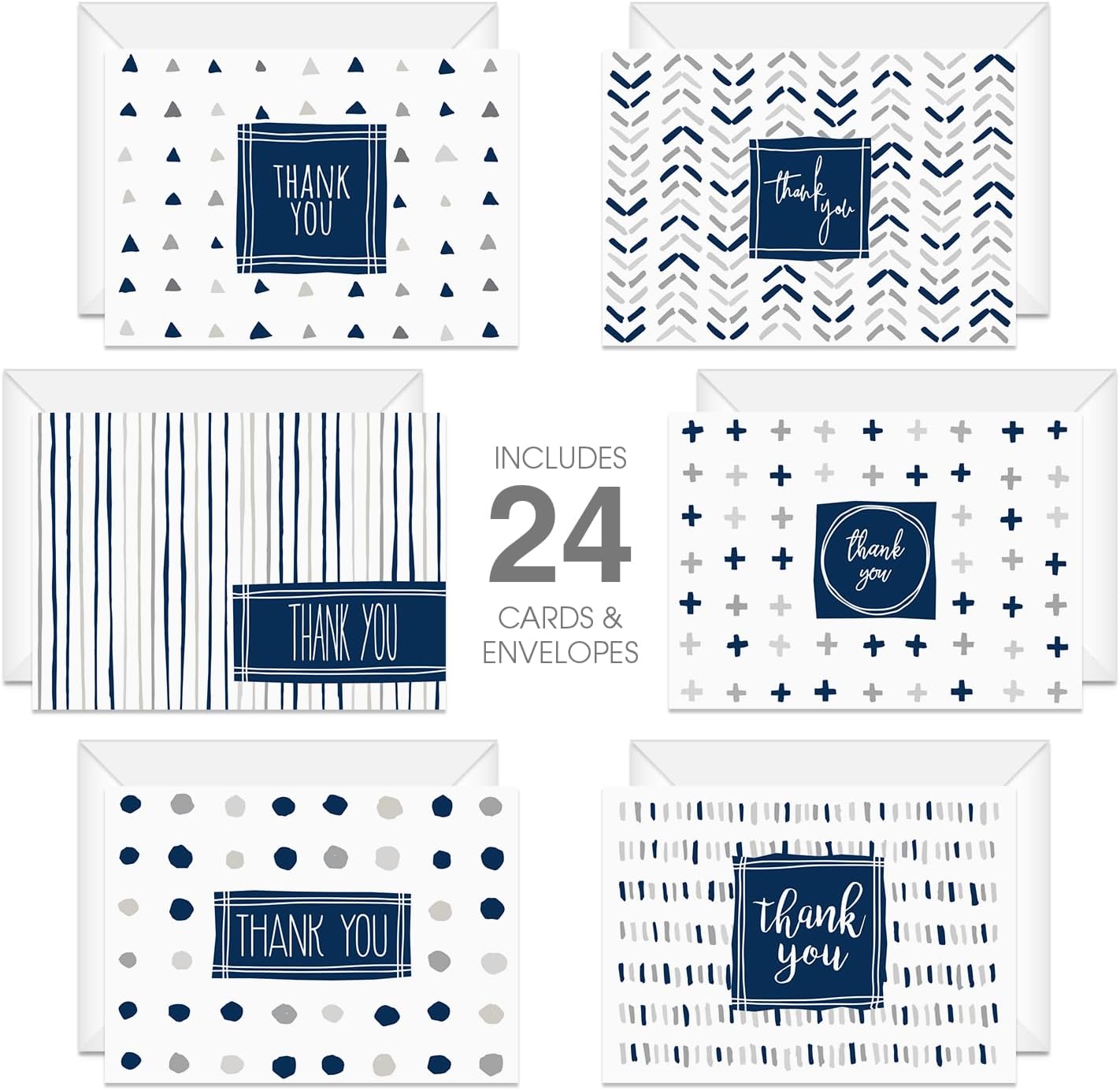 Canopy Street Navy Patterns Thank You Folded Cards / 36 Blue Grey White Thanks Cards With White Envelopes / 6 Gratitude Designs / 3 1/2'' x 4 7/8'' Appreciation Cards/Baby Shower Gratitude Card Pack