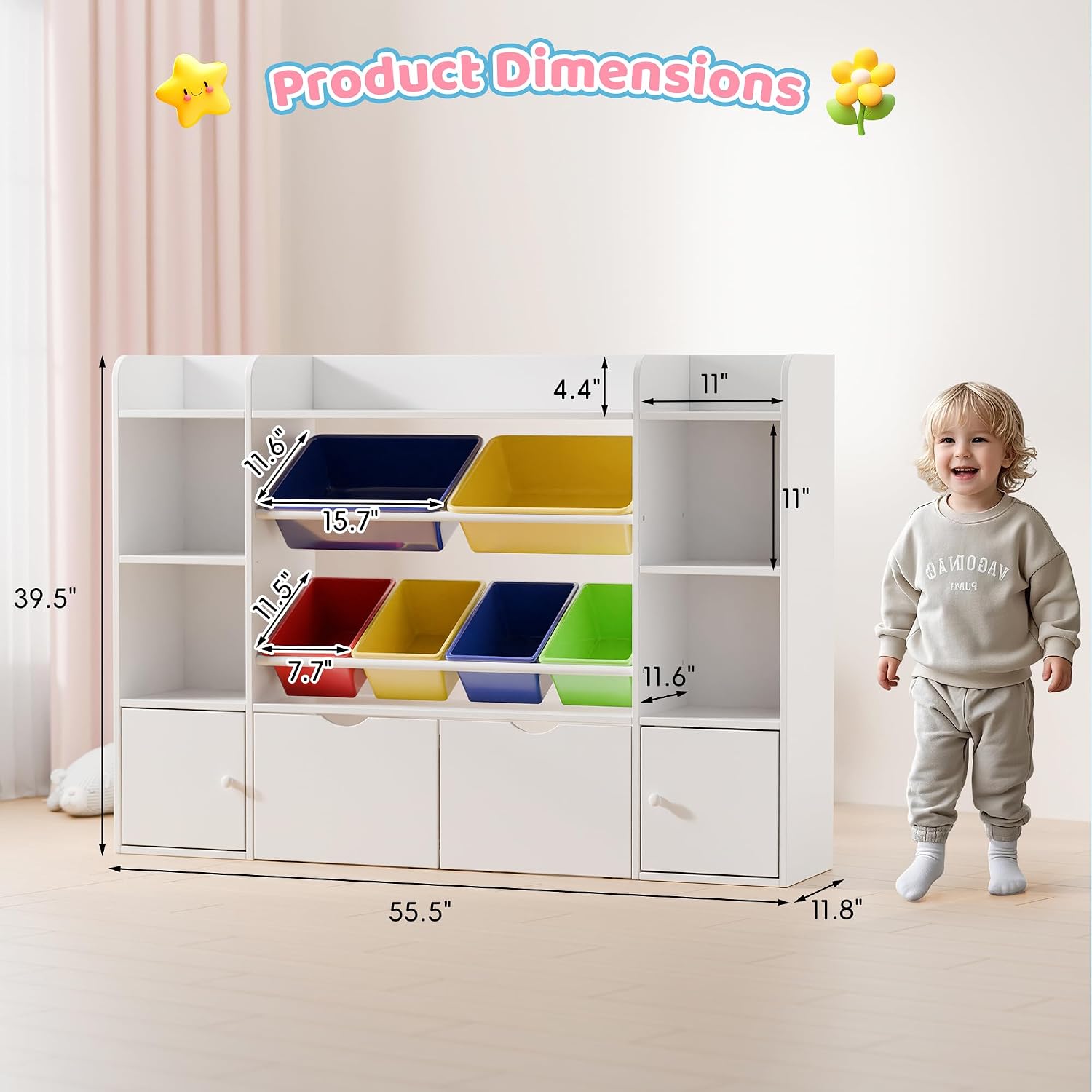 Xilingol Kids Storage Organizer W/6 Removable Bins, 4-Tier Organizers W/6 Storage Cubbies and 2 Movable Drawers, Kid Bookshelf and Storage for Playroom, Bedroom, Kids Room (Multicolor)