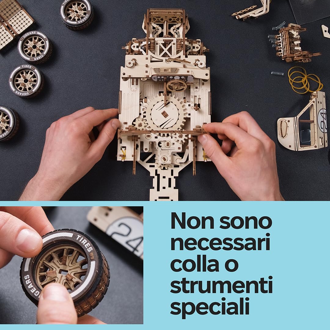 UGEARS UGT-24 Auto da Corsa di Endurance Puzzle 3D - Kit di Modelli Meccanici in Legno in Scala 1:12 da Costruire per Adulti - Kit di Costruzione Modello di Auto Sportiva - 970 Pezzi