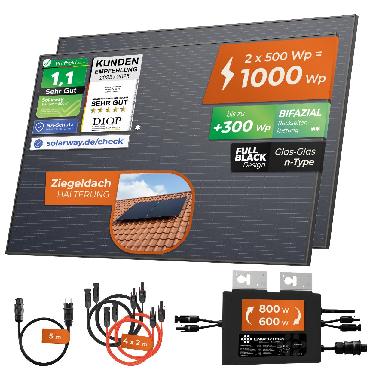 Solarway Centrale elettrica da balcone da 1000 W, 800 W, presa completa, inverter da 800 Watt, impianto solare, set completo da 500 W, pannelli solari bifacciali & Envertech e accessori
