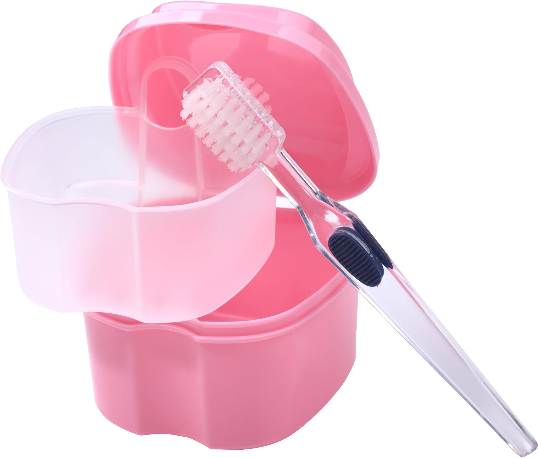 Bearals Denture Box, Denture Cup, Denture Case with Brush, Denture Bath Cleaning Soaking Cup with Strainer, Mouth Guard Night Gum Retainer Container (Pink)