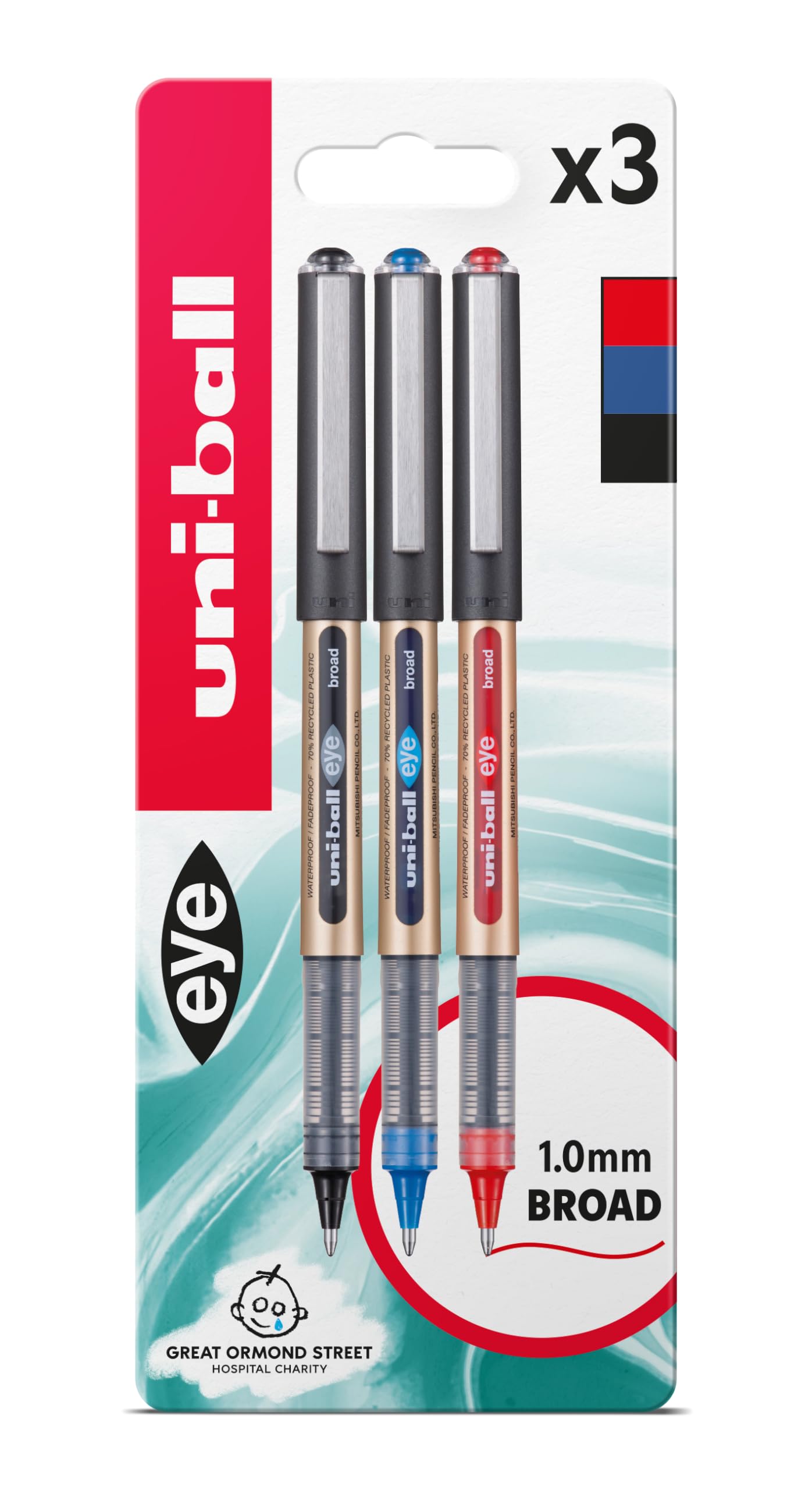 Eye UB-150-10 Broad Liquid Ink Rollerball Pens - 1.0mm - Black, Blue, Red - Pack of 3