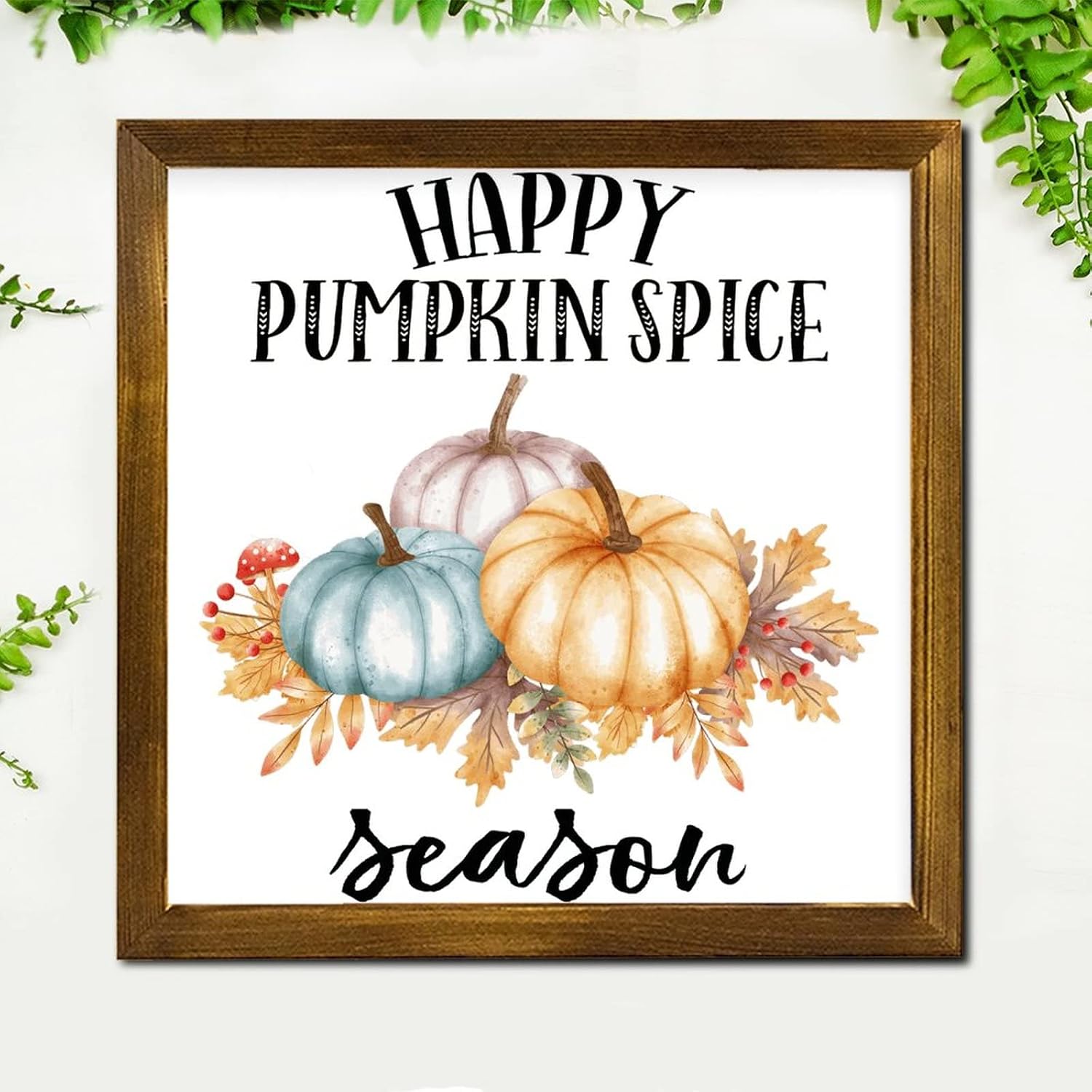Happy Pumpkin Spice Season Framed Wooden Signs Sunflower Maple Leaves Welcome Sign Classic Harvest Thanksgiving Wood Wall Hanging Decor for Home Room Office Garden Kitchen 12x12 inch