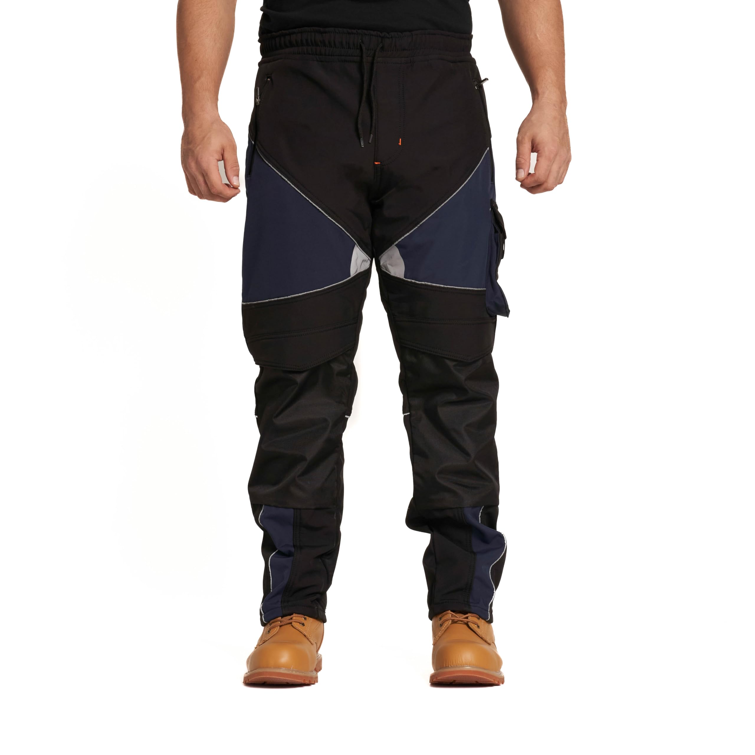 Sam Caan® Mens Work Trousers Softshell Men Water Reflective Resistant Cargo Rain Proof Repellent Windproof Safety Site Work Wear Builder Pants Soft Shell Workwear Warm Black