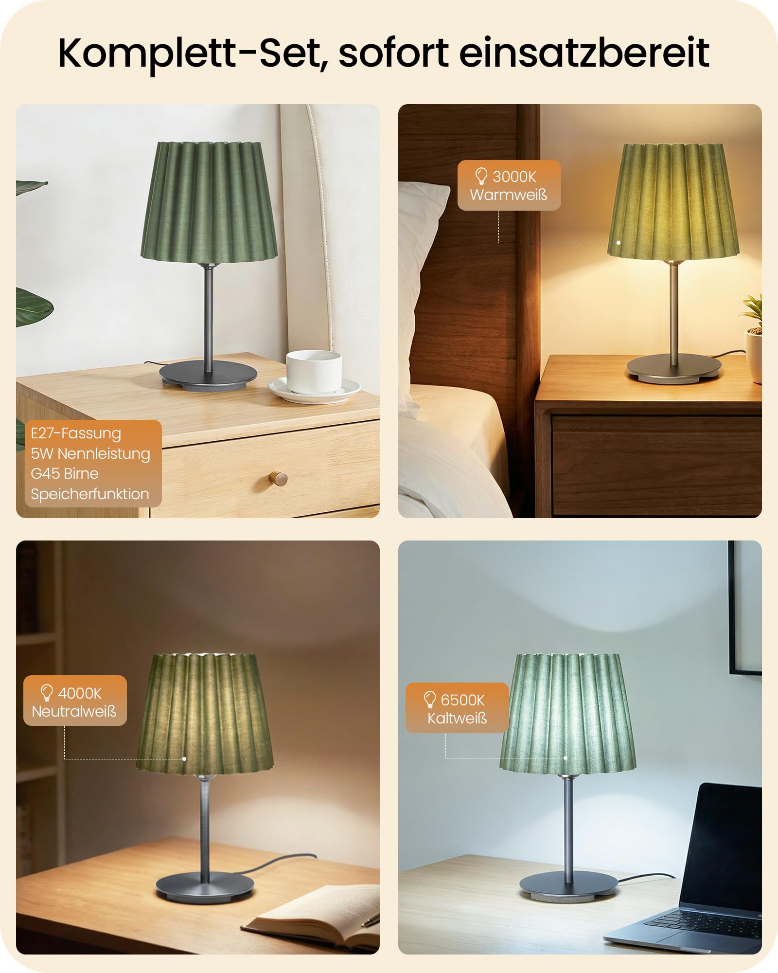 Lampada da comodino verde e nera, lampada da tavolo con cavo, lampada da davanzale con lampadine E27, 3 temperature di colore, per comodino, camera da letto, soggiorno, hotel, ZJ15TLD05