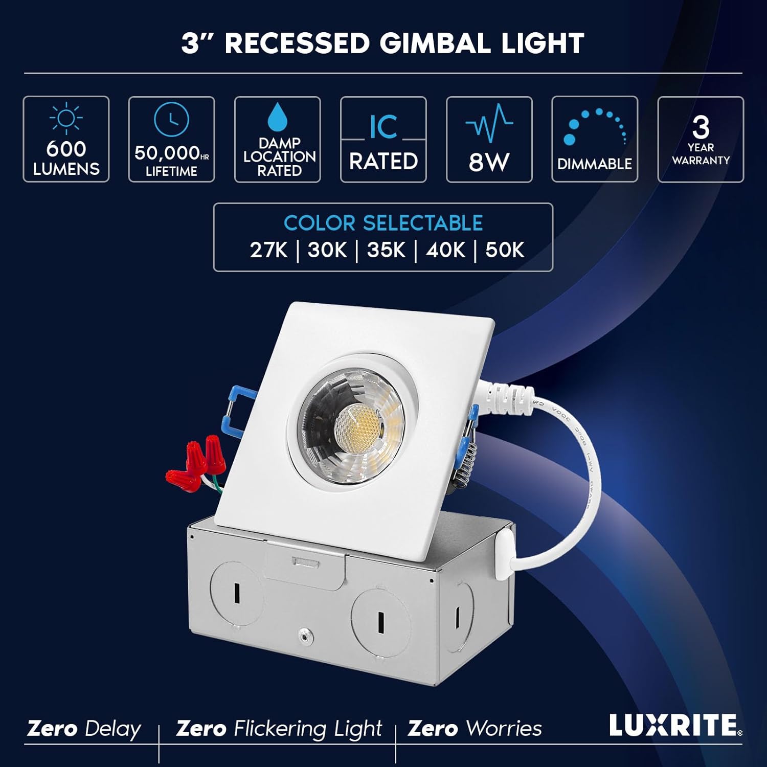 LUXRITE 3 Inch Square Gimbal Recessed LED Lights with Junction Box, 8W, 5 CCT Color Selectable 2700K-5000K, Adjustable Swivel Eyeball Spotlight Downlight, 600LM, Dimmable, Damp Rated, ETL (4 Pack)