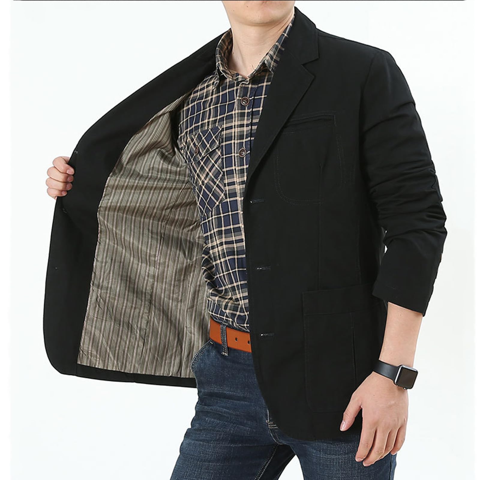Generisch Americana de traje para hombre con cuello de solapa con tres botones, corte ajustado, manga larga, estilo deportivo