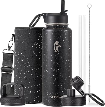 Coolflask 1180ml Insulated Water Bottle with Straw & 3 Lids, Metal Water Bottle for Sports or Office, Double Vacuum Leak Proof Cold and Hot Water Bottle, Starry Night
