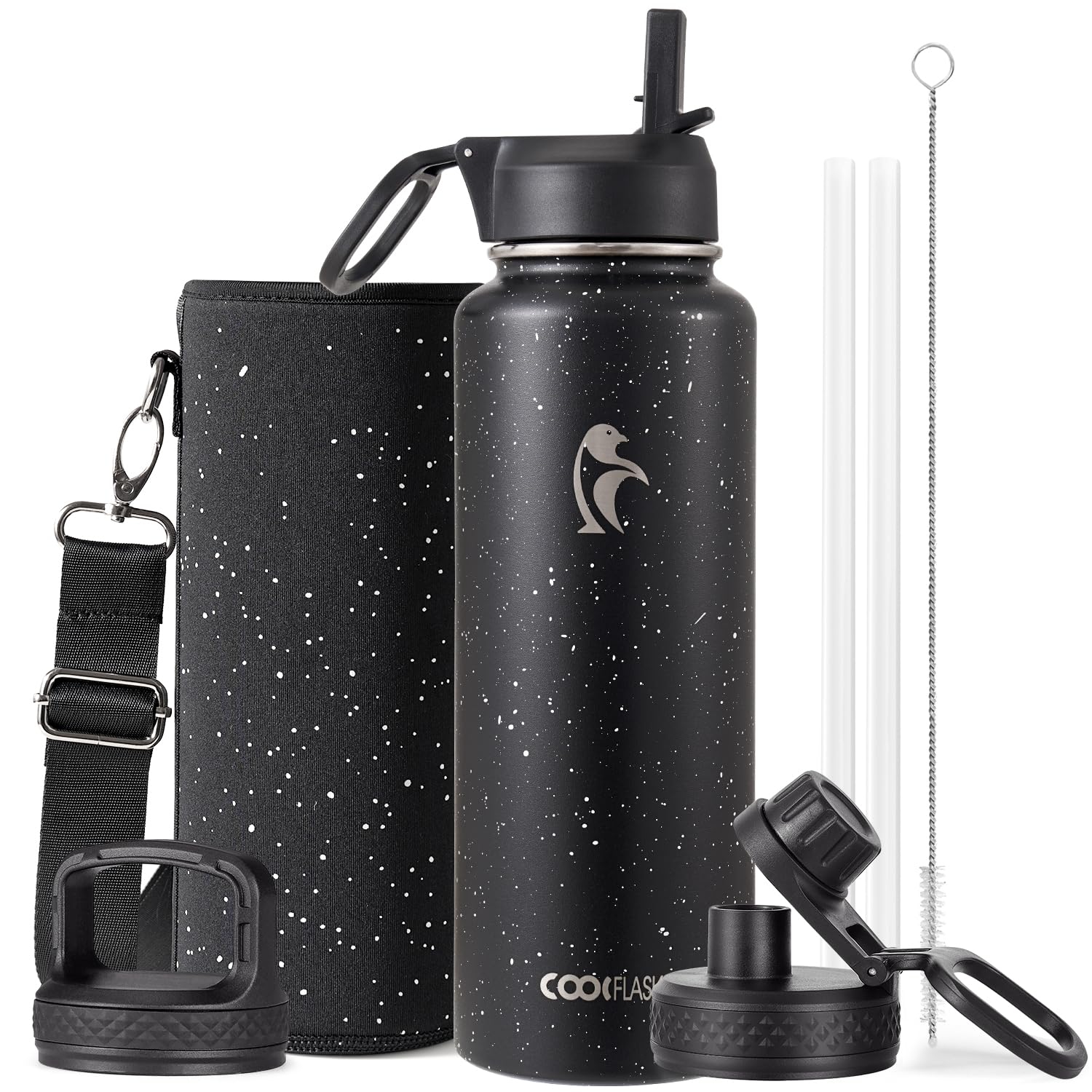 Coolflask 1180ml Insulated Water Bottle with Straw & 3 Lids, Metal Water Bottle for Sports or Office, Double Vacuum Leak Proof Cold and Hot Water Bottle, Starry Night — image 1
