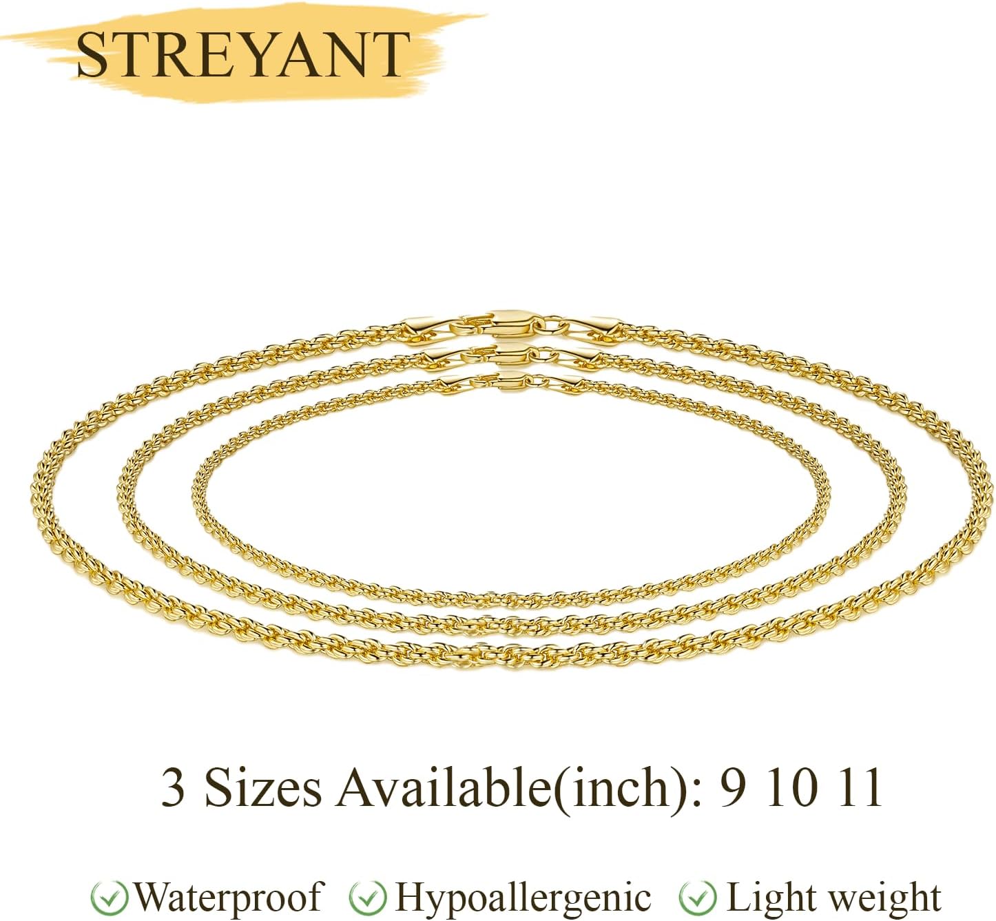 14K Gold Anklets for Women Gold Ankle Bracelet for Women Waterproof Rope Chain Ankle Bracelet for Men 2mm Thin Golden Anklets Jewelry for Women & Men 9/10/11in - Image 2