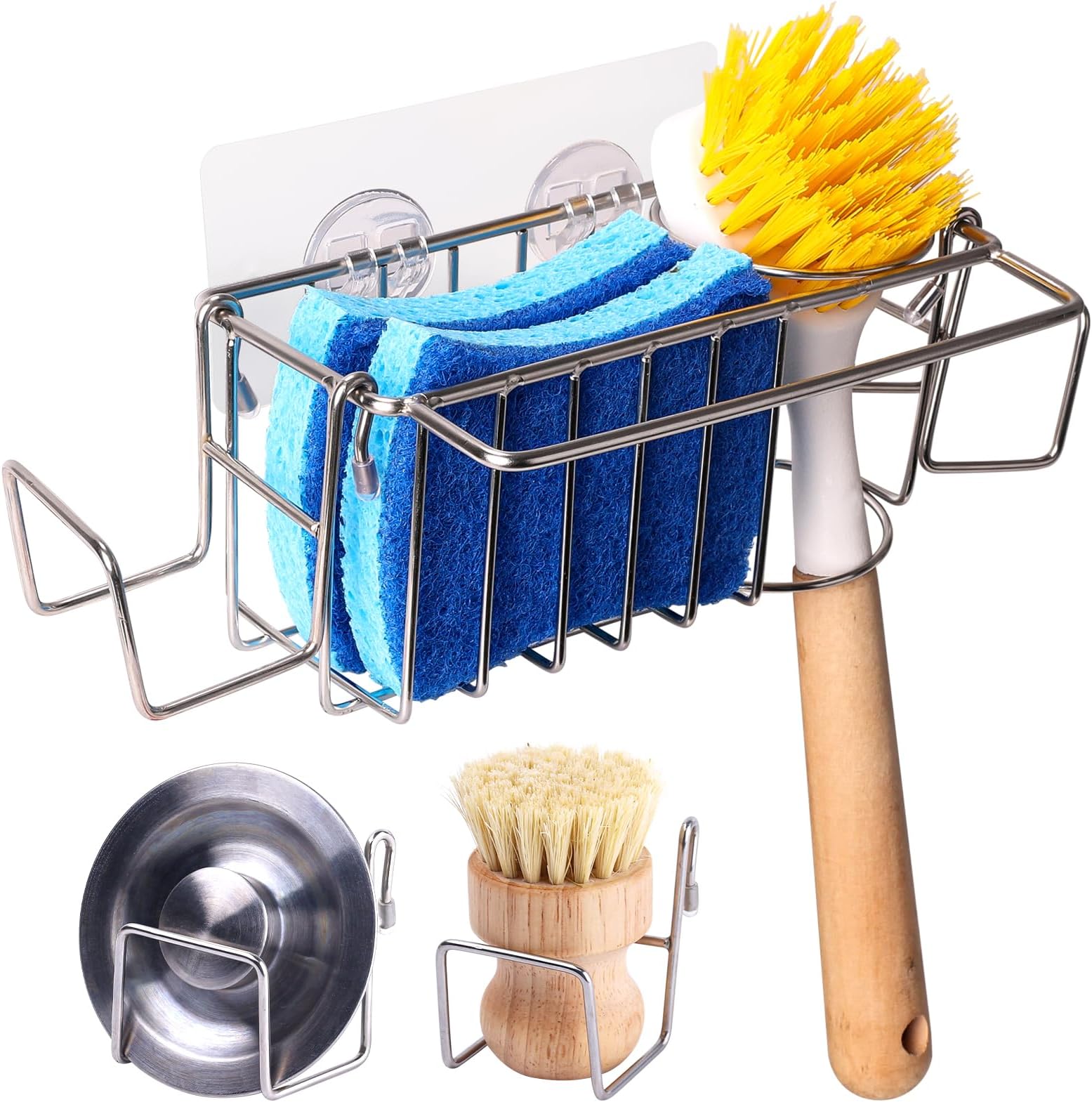 Sponge Holder for Kitchen Sink, 5-In-1 Sink Caddy for Dish Sponge, Dish Cloth, Brush, with 2 Rotatable Racks for Scrubber+Sink Stopper, 304 Stainless Steel Kitchen Sink Organizer with Adhesive Hook