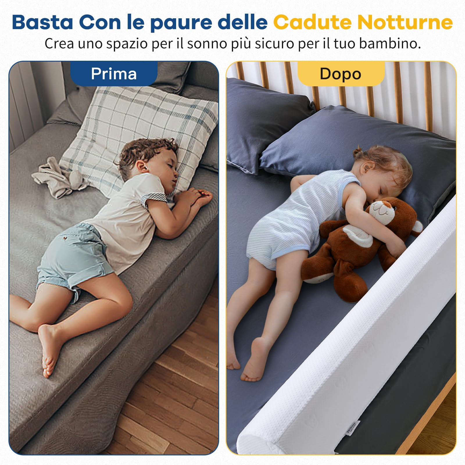 Sponda Letto Bambini in Schiuma Semicircolare, Barriera Letto con Fodera Rimovibile Lavabile, Protezione Antiscivolo per Letti Singoli, Matrimoniali, Queen e King, Confezione da 2