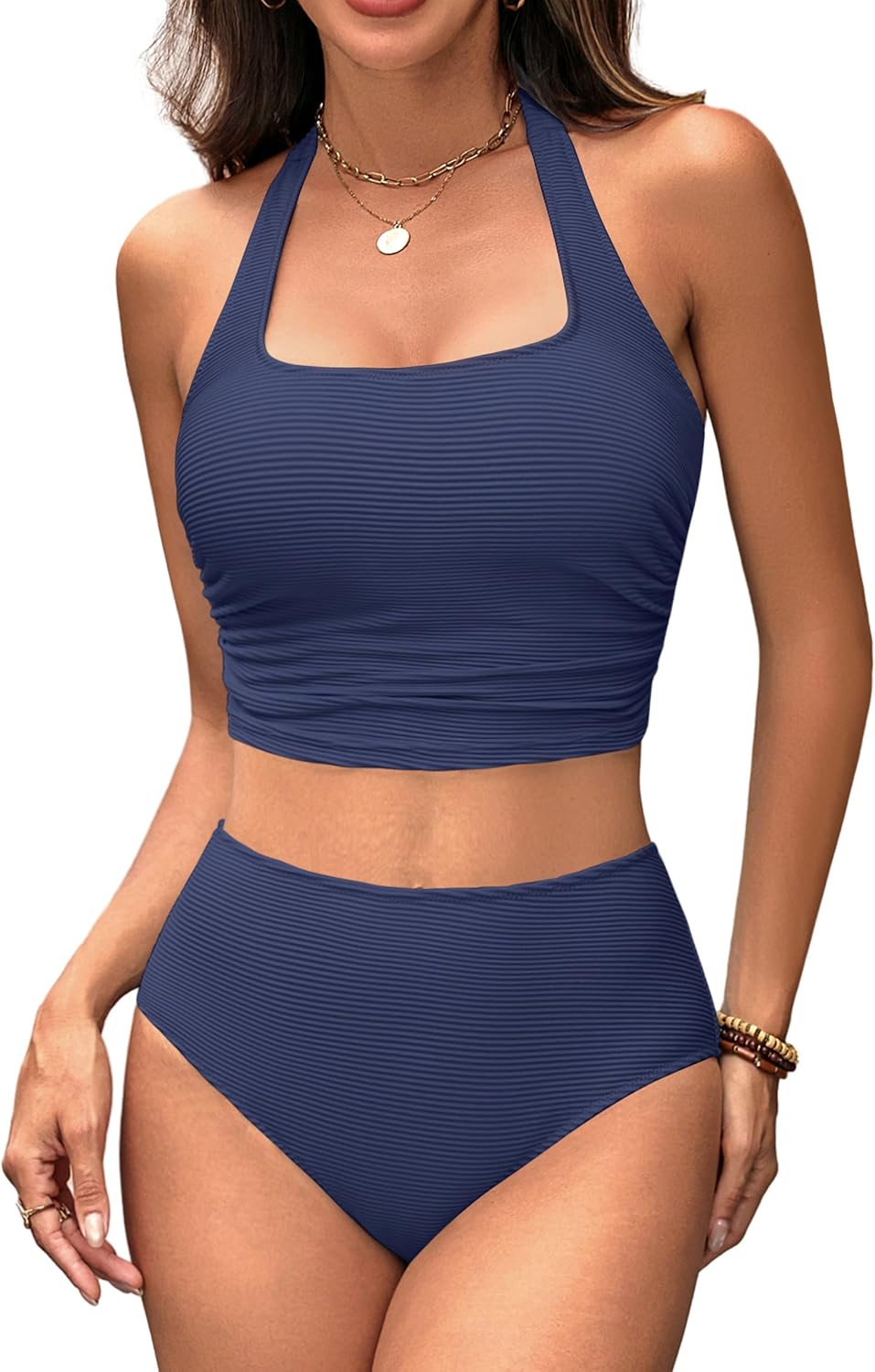 BMJL Womens High Waisted Bikini Sets Halter Two Piece Swimsuits Sporty Ribbed Tummy Control Bathing Suit