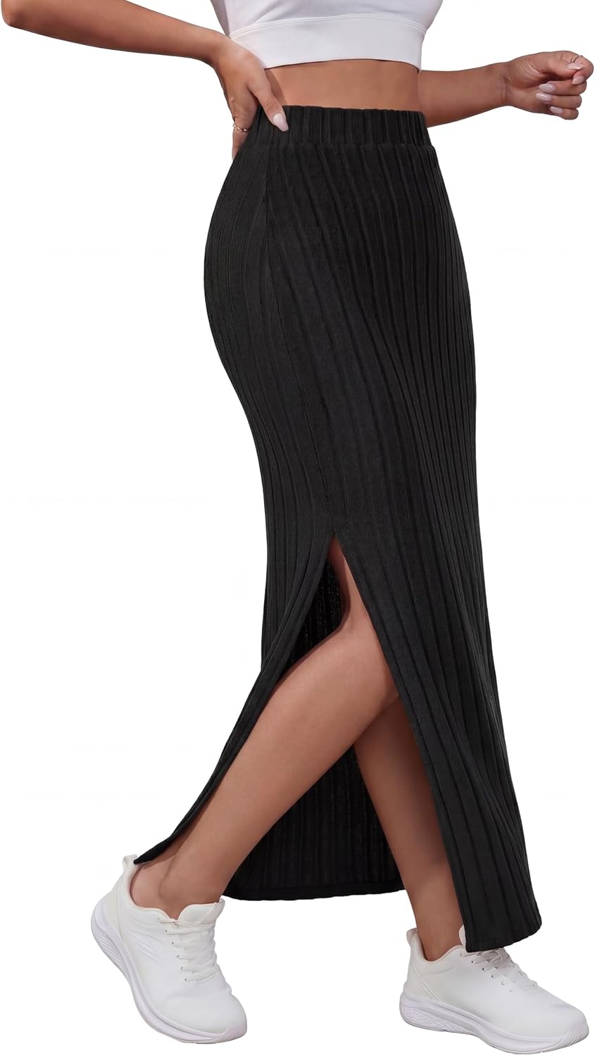 Rooscier Women's Ribbed Knit Midi Pencil Skirt Side Slit High Waisted Bodycon Casual Long Skirts