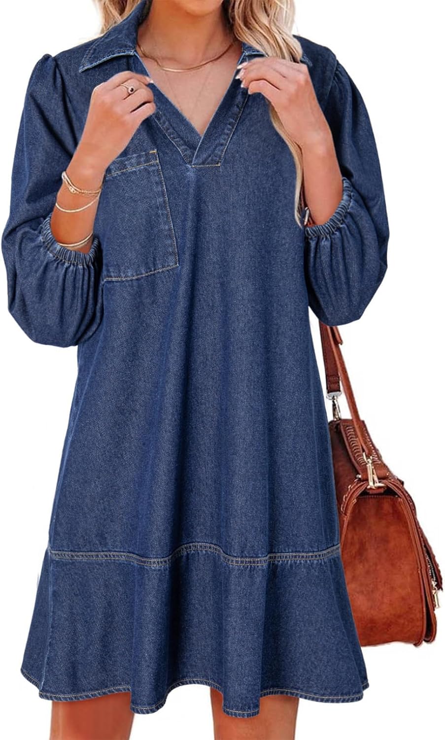 Dokotoo Denim Dress for Women Fashion Fall Casual Babydoll 2025 V Neck 3/4 Puff Sleeve Jean Dresses
